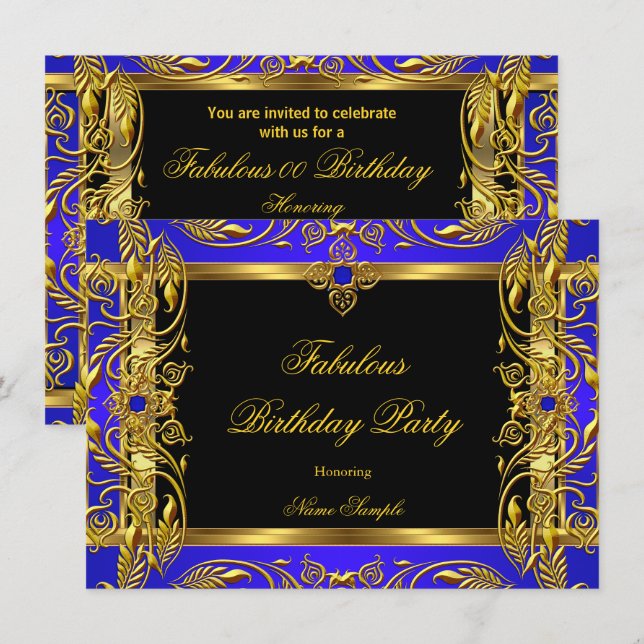 Fabulous Royal Blue Black Gold Birthday Party Invitation (Front/Back)