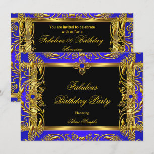 Fabulous Royal Blue Black Gold Birthday Party Invitation