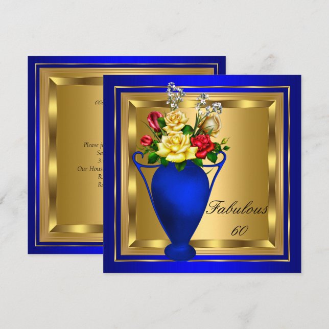 Fabulous Royal Blue Gold Red Roses Elite Birthday Invitation (Front/Back)