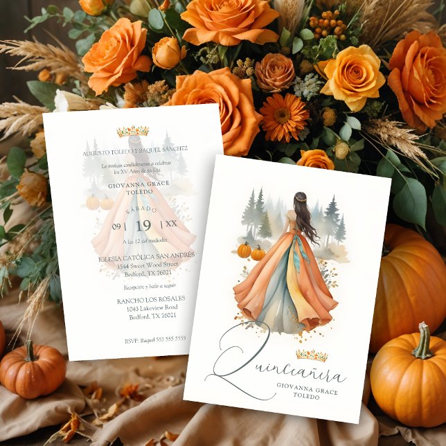 Fabulous Seasonal Fall Landscape Spanish XV Años Invitation (Fabulous Seasonal Fall Landscape Spanish XV Años Quinceañera Doll Illustration Invitations Cards.)