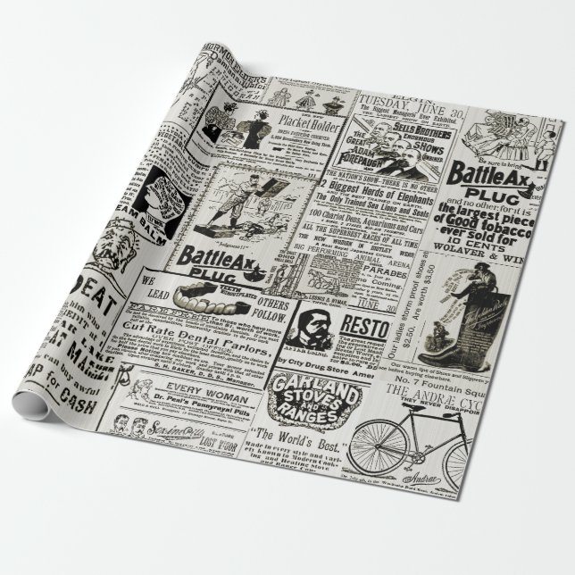 Fabulous Sepia Victorian Newspaper Ads Funny 1890 Wrapping Paper (Unrolled)
