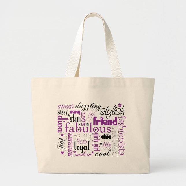 Fabulous Synonym Black Purple Large Tote Bag (Front)