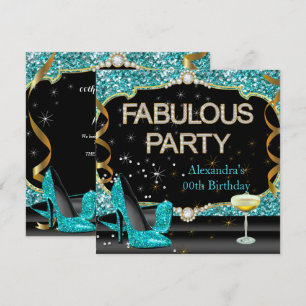 Fabulous Teal Black Glitter Birthday Party Invitation