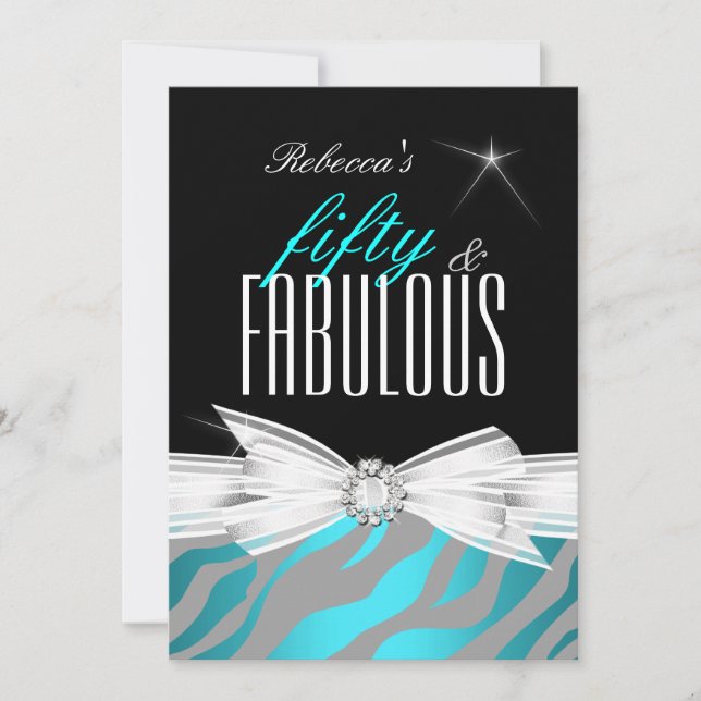 Fabulous Teal Black Grey Zebra 50th Birthday Party Invitation (Front)