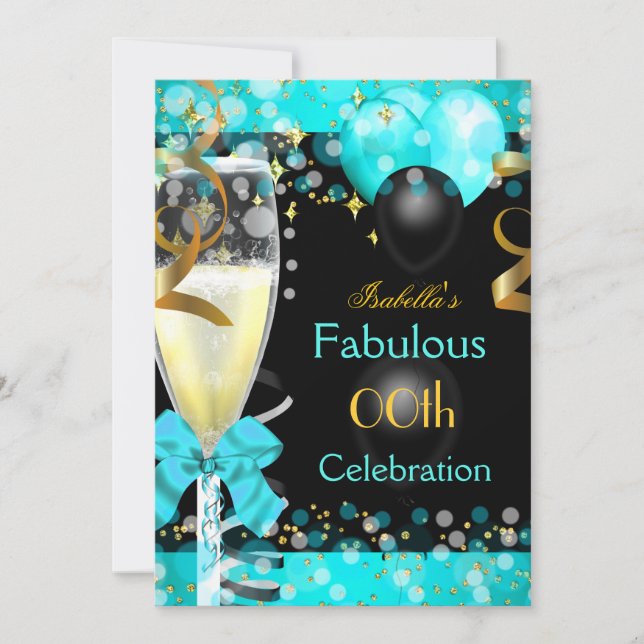 Fabulous Teal Blue Champagne Birthday Party 2 Invitation (Front)