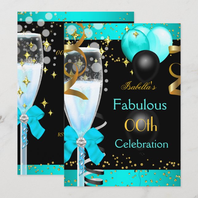 Fabulous Teal Blue Champagne Gold Birthday Party Invitation (Front/Back)