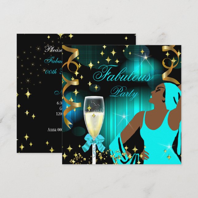 Fabulous Teal Blue Glitter Diva Birthday Invitation (Front/Back)