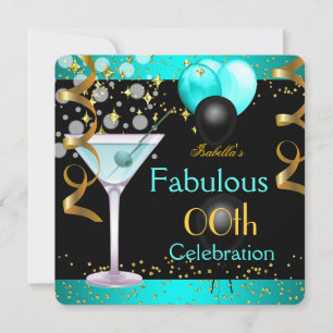 Fabulous Teal Blue Martini Gold Birthday Party Invitation