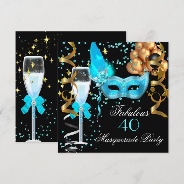 Fabulous Teal Gold Black Masquerade Party Invitation (Front/Back)