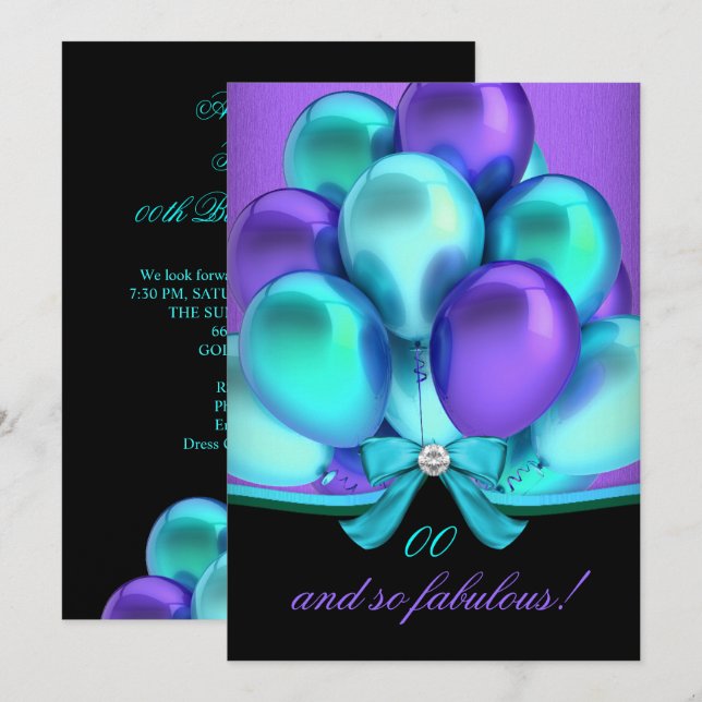 Fabulous Teal Purple Balloons Black Birthday Invitation (Front/Back)