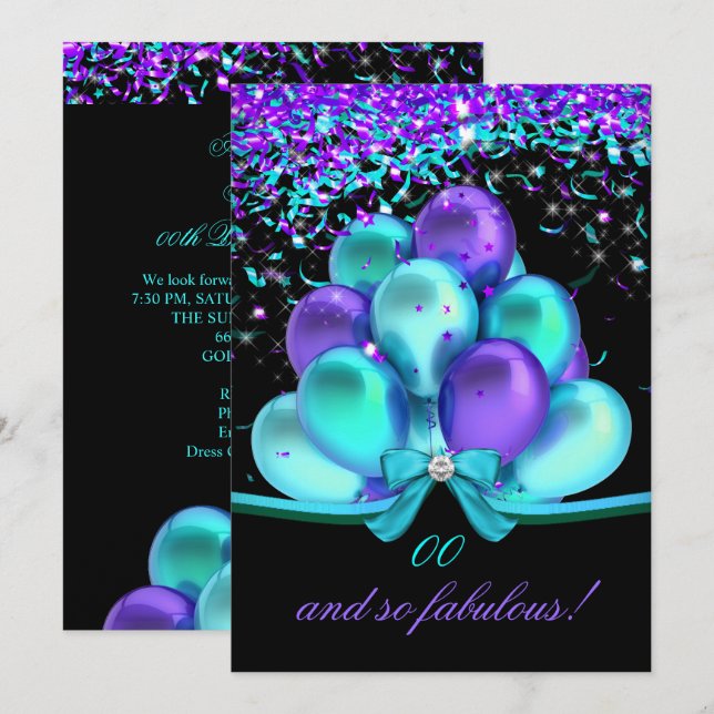 Fabulous Teal Purple Streamers Balloons Birthday Invitation (Front/Back)