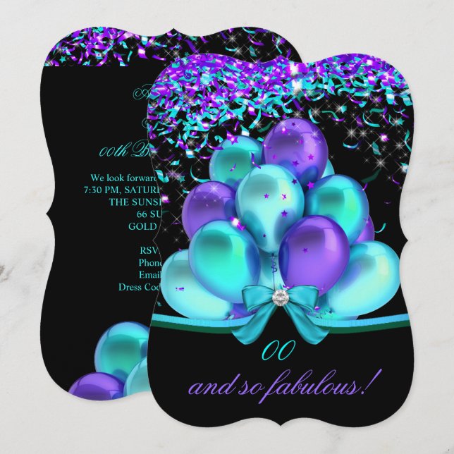 Fabulous Teal Purple Streamers Balloons Birthday Invitation (Front/Back)