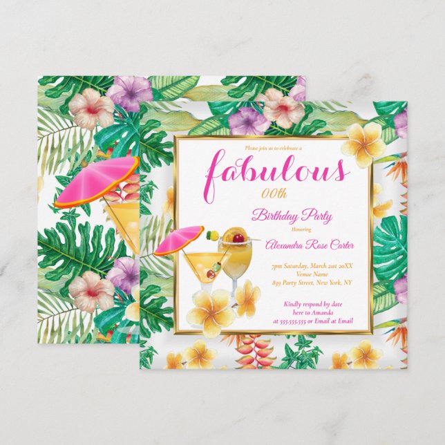 Fabulous Tropical Cocktails Flowers Party sq Invitation (Front/Back)