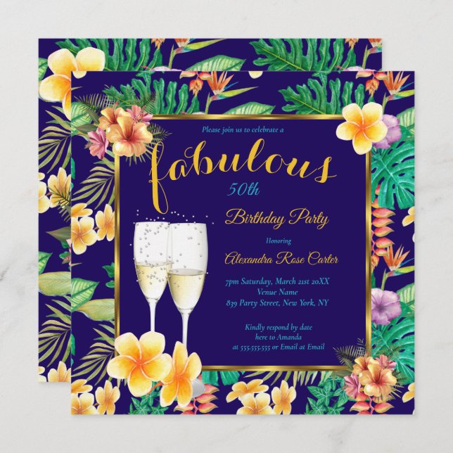 Fabulous Tropical floral blue Champagne Party Invitation (Front/Back)