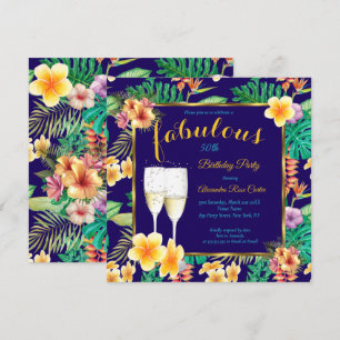 Fabulous Tropical floral blue Champagne Party Invitation