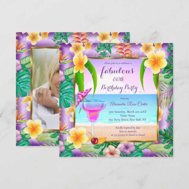 Fabulous Tropical Purple cocktail Photo Party Invitation (Front/Back)