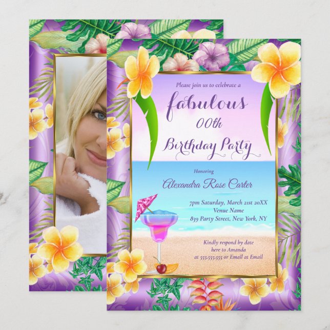 Fabulous Tropical Purple cocktails Photo Party Invitation (Front/Back)