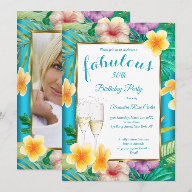 Fabulous Tropical Teal blue Champagne Photo Party Invitation (Front/Back)