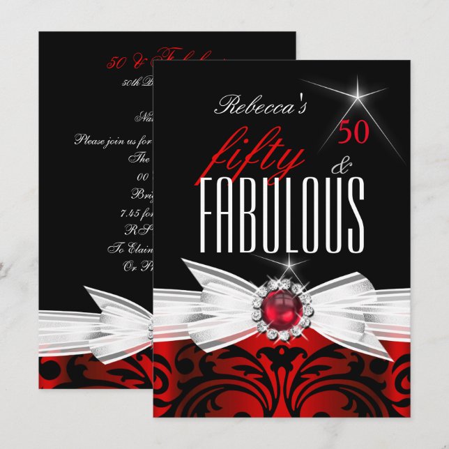 Fabulous Wild Red Black Damask 50th Birthday Party Invitation (Front/Back)