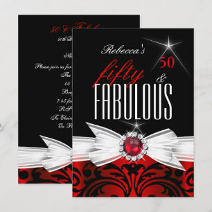 Fabulous Wild Red Black Damask 50th Birthday Party Invitation