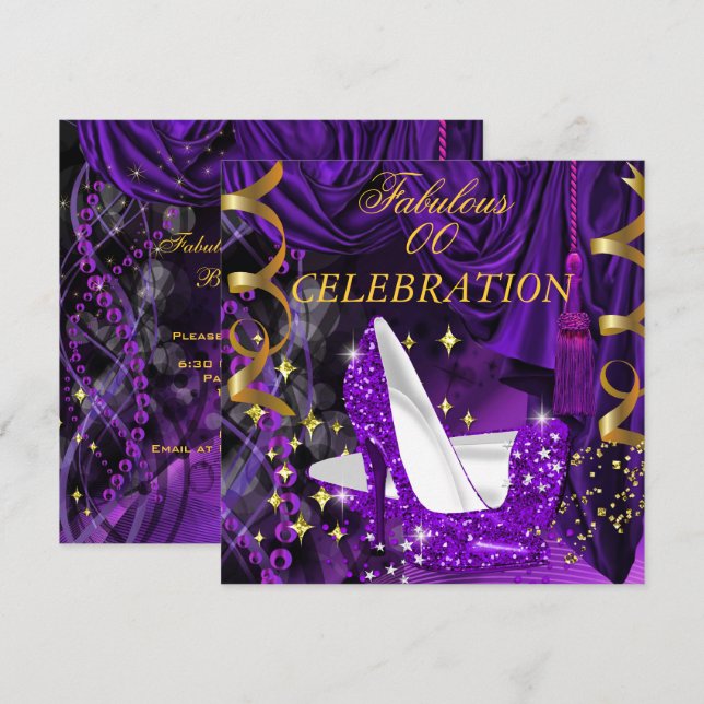 Fabulous Women's Purple Gold Heels Birthday Invitation (Front/Back)