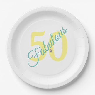 Fabulous Yellow Teal Simple Modern 50th Birthday Paper Plate