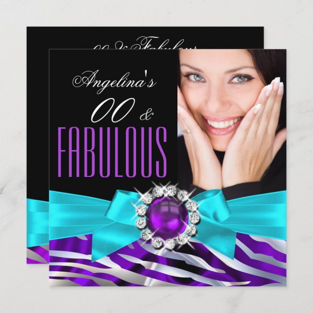Fabulous Zebra Purple Teal Black Birthday Party Invitation (Front/Back)