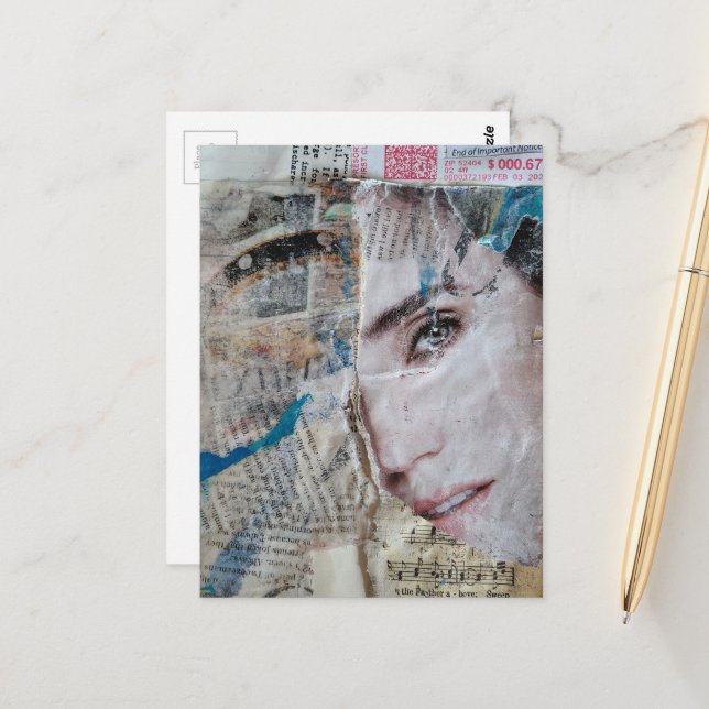 Face Abstract Mixed Media Collage Postcard (Front/Back In Situ)