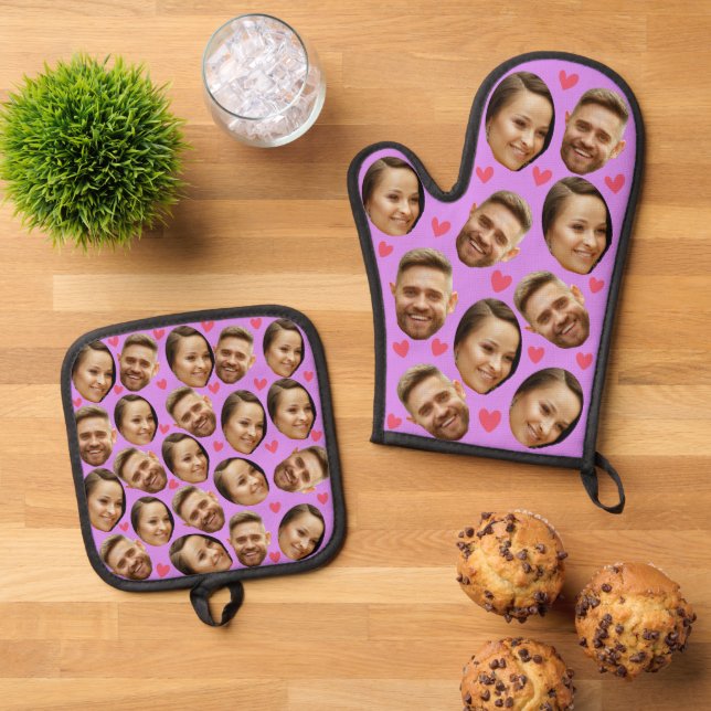 Face Custom Photo Heart Couple Lavender Oven Mitt & Pot Holder Set (Top Down)