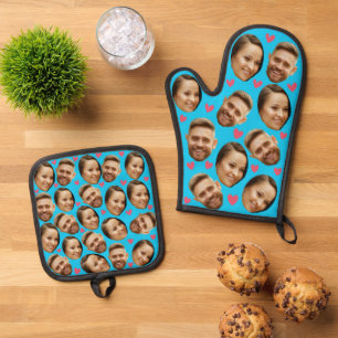 Face Custom Photo Heart Couple Light Blue Oven Mitt & Pot Holder Set