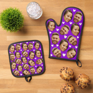 Face Custom Photo With Heart Couple Purple Oven Mitt & Pot Holder Set