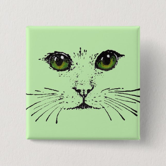 Face of a Cat Long Whiskers Bright Green Eyes 15 Cm Square Badge (Front)