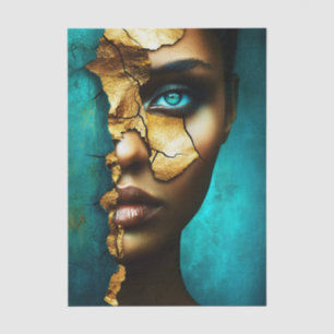 Face Of Brown Woman & Gold Kintsugi EM7R Decoupage Tissue Paper