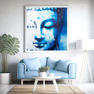 Face of Buddha in Blue Digital Art Poster