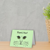 Face of Cat in black Green Eyes Whiskers Thank You