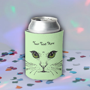 Face of Cat Intense Eyes Whiskers Light Green Can Cooler