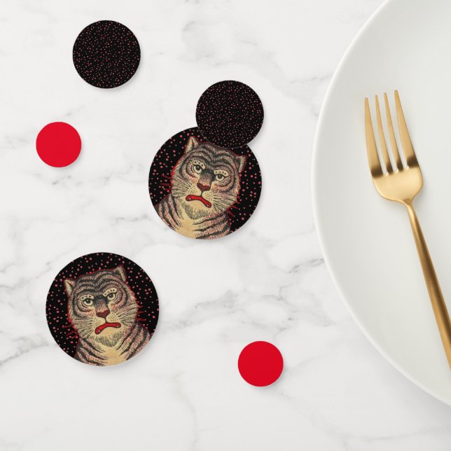Face of Fierce Asian Tiger Red Polka Dots Black Confetti (Group)