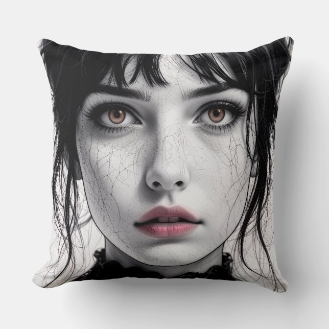 Face of porcelain gaze of a cracked soul. cushion (Front)