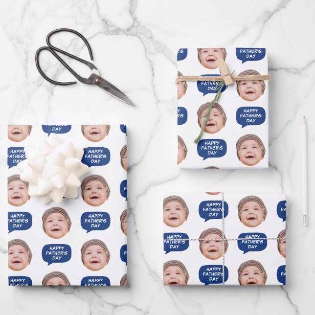 Face Photo & Word Bubble Navy Blue Wrapping Paper Sheet (Front)