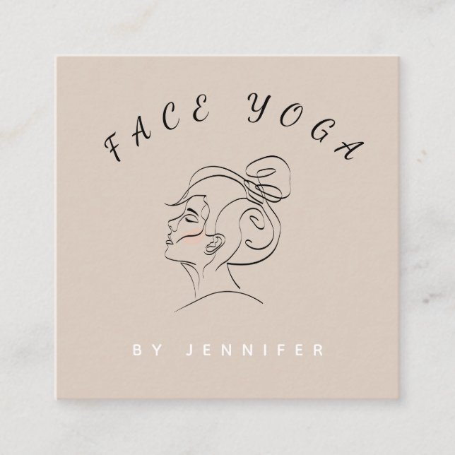 Face Yoga Instructor Line Drawn Boho Messy Bun Square Business Card (Front)