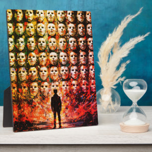 Faceless Figure Masked Crowd Impasto Surreal Oil Plaque