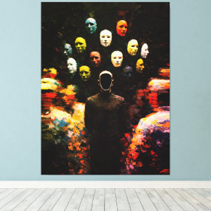 Faceless Figure Surrounded by Masked Faces Impasto Canvas Print