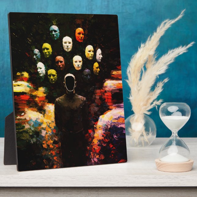 Faceless Figure Surrounded by Masked Faces Impasto Plaque (Side)