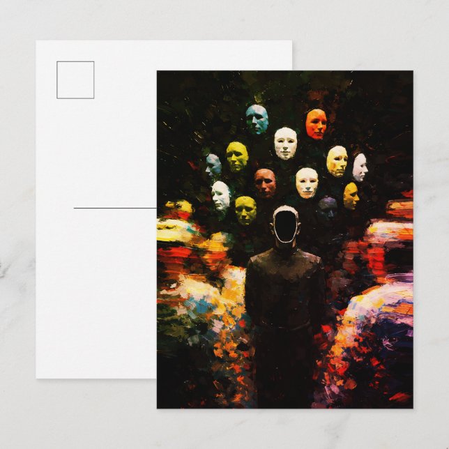 Faceless Figure Surrounded by Masked Faces Impasto Postcard (Front/Back)