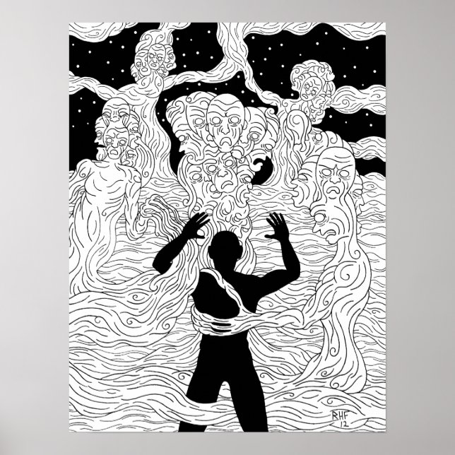 Faces And Figures In The Mist Weird Horror Art Poster (Front)