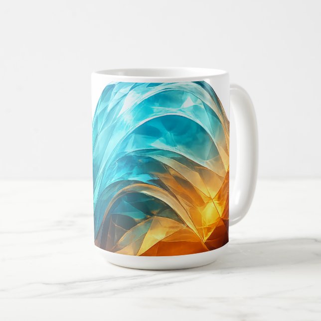 Faceted Cyan and Amber 3D Abstract Wave Coffee Mug (Front Right)