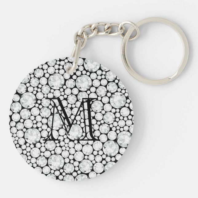 Faceted Diamond Gems white grey black monogram Key Ring (Back)