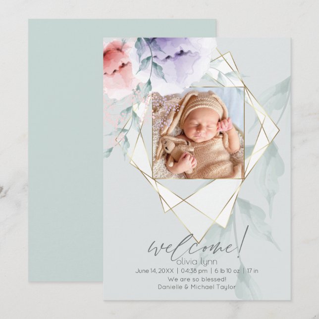 Faceted Gold Photo Frame Coral and Lilac Peonies Invitation (Front/Back)