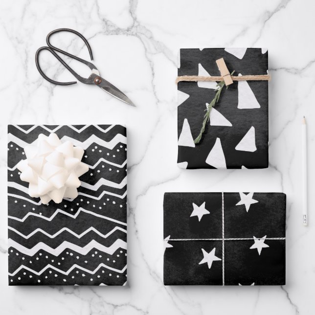 Faded Black White Doodle Stars Wrapping Paper Sheet (Front)
