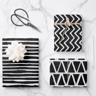 Faded Black White Doodle Stripes Wrapping Paper Sheet